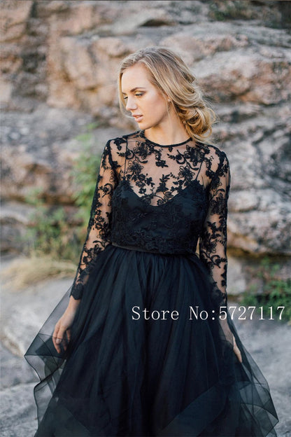 NumberSea Scoop Long Sleeves A-line Outdoor Black Wedding Dress with Removable Lace Jacket Bridal Dress vestido de novia corto