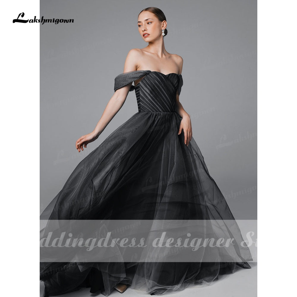 NumberSea Schlichtes schwarzes Ombre-Hochzeitskleid im Boho-Stil, schulterfrei, Mesh-Tüll, durchsichtig, Gothic-Grau, Brautkleid in Übergröße, Vestido de Noiva Praiano