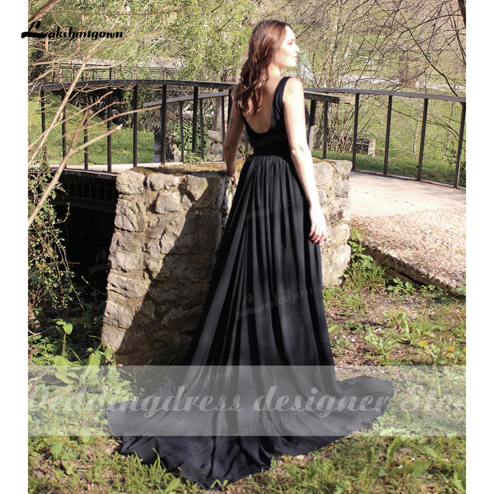 NumberSea Schlichtes schwarzes Boho-Hochzeitskleid mit Rundhalsausschnitt, schwarzer Spitze, Gothic-Hochzeitskleid für Halloween, Durchbrennen, Outdoor, Gothic-Hochzeits-Vestido