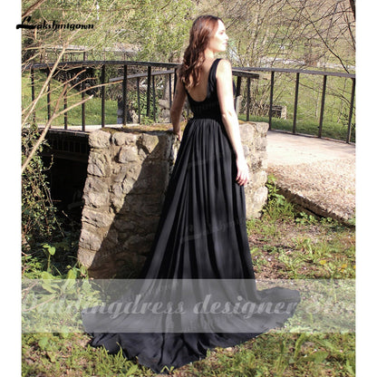 NumberSea Schlichtes schwarzes Boho-Hochzeitskleid mit Rundhalsausschnitt, schwarzer Spitze, Gothic-Hochzeitskleid für Halloween, Durchbrennen, Outdoor, Gothic-Hochzeits-Vestido