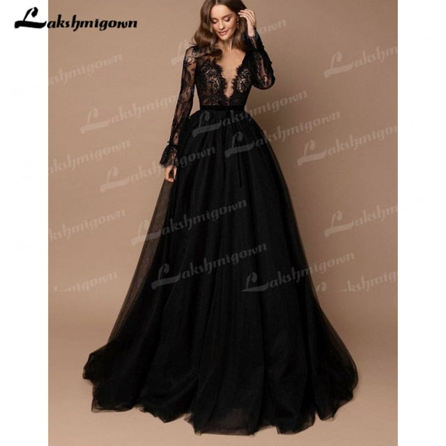 NumberSea Sexy Deep V neck Sweep Train Tulle Lace Black Wedding Dress Long Sleeve With Appliques Vestidos De Novia Gothic Bride Design