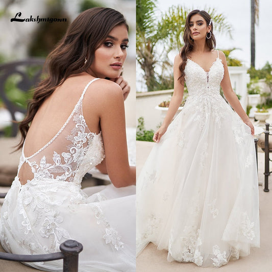 NumberSea Vintage A-Line Beach Wedding Dress With Beaded Floral Lace Appliques Simply Spaghetti Straps Boho Bridal Gown robe de mariee