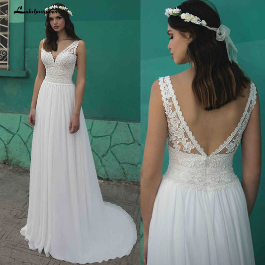 NumberSea Summer Beach A-Line Wedding Dresses Boho lace V-neckline Backless Tulle Bridal Gown Abito Da Sposa Vestido De Novia