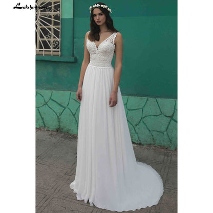 NumberSea Summer Beach A-Line Wedding Dresses Boho lace V-neckline Backless Tulle Bridal Gown Abito Da Sposa Vestido De Novia