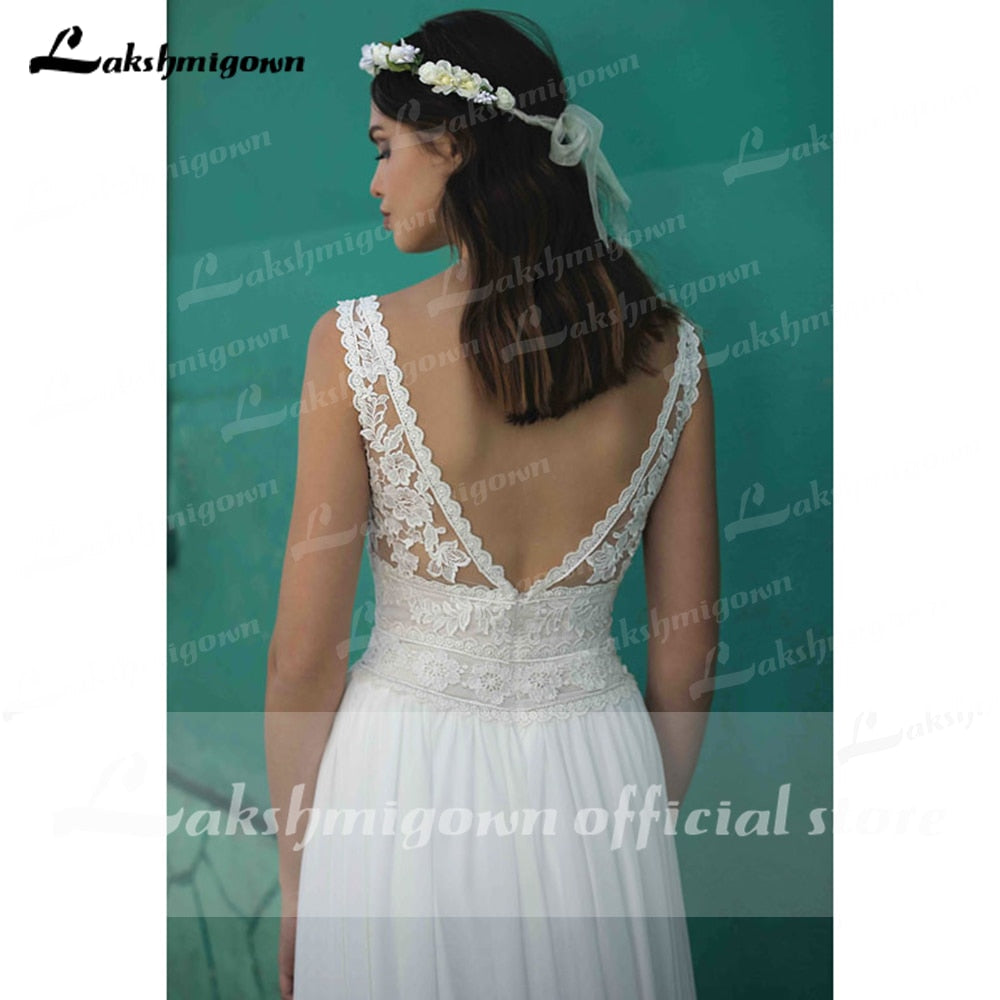 NumberSea Summer Beach A-Line Wedding Dresses Boho lace V-neckline Backless Tulle Bridal Gown Abito Da Sposa Vestido De Novia