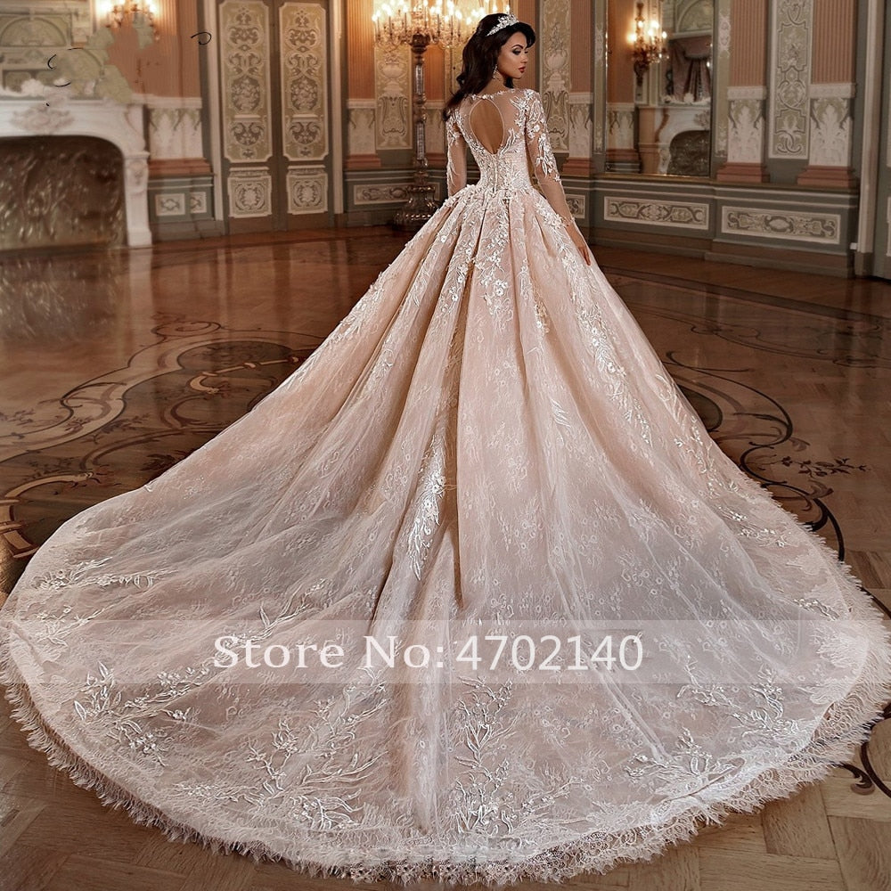 NumberSea Vestidos de noiva manga longa princesa Lace Ball Gown Wedding Dresses Flower Appliques Beaded Chapel Train Vintage Bridal Gowns