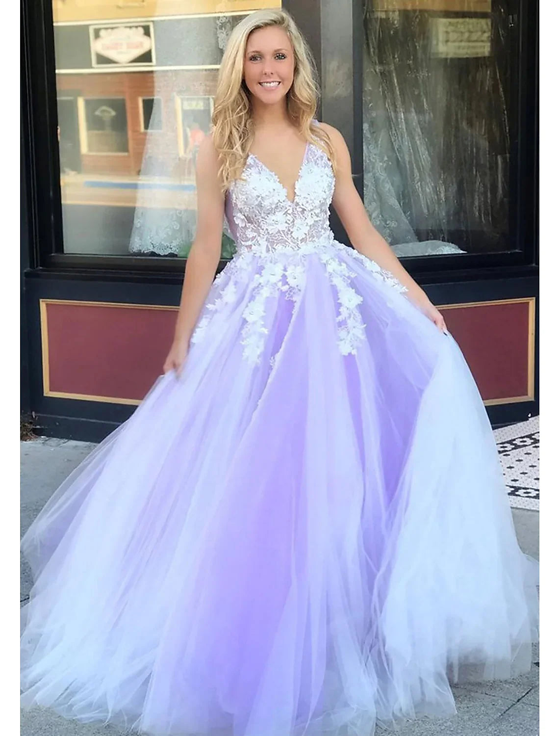 Ball Gown A-Line Prom Dresses Color Block Dress Formal Floor Length Sleeveless V Neck Tulle Backless V Back with Beading Appliques