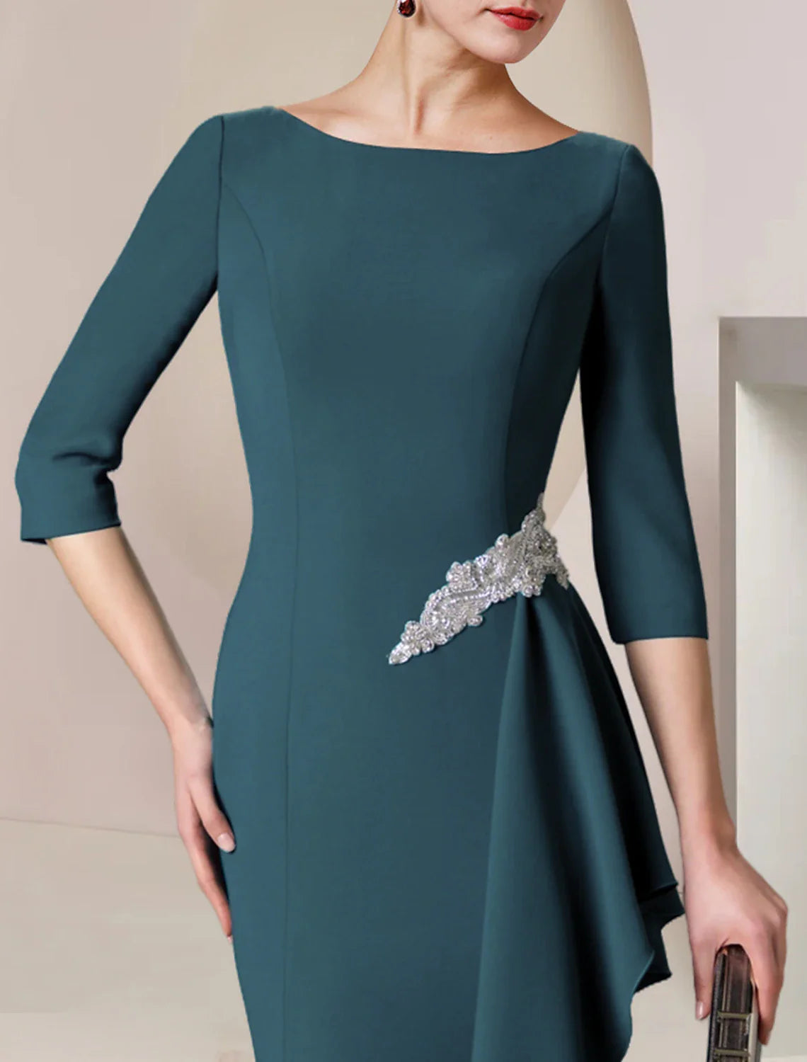 Sheath / Column Mother of the Bride Dress Wedding Guest Party Elegant Scoop Neck Floor Length Stretch Fabric 3/4 Length Sleeve with Crystal Brooch Ruching