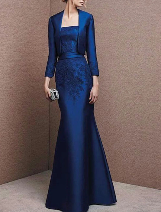 Zweiteiliges Meerjungfrau-/Trompetenkleid für die Mutter der Braut, Hochzeitsgast, elegant, trägerlos, bodenlang, Satinspitze, 3/4-Ärmel mit Applikationen, einfarbig