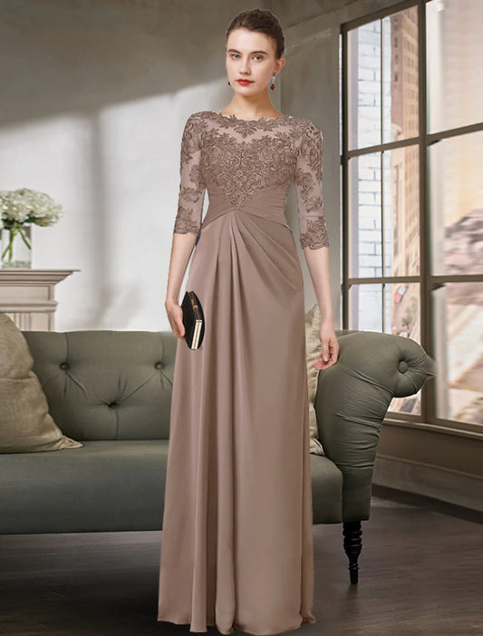 Sheath / Column Mother of the Bride Dress Simple Elegant Jewel Neck Floor Length Chiffon Lace Half Sleeve with Pleats Solid Color