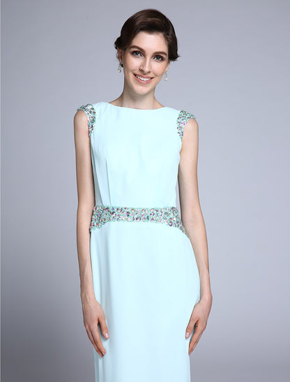 Sheath / Column Mother of the Bride Dress Elegant Bateau Neck Ankle Length Chiffon Sleeveless No with Crystals