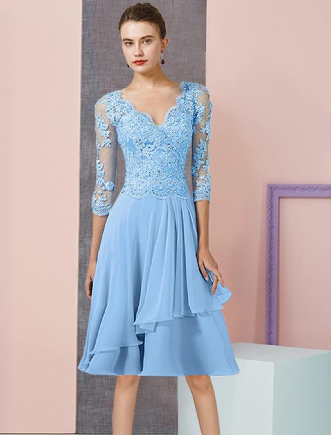 Two Piece A-Line Mother of the Bride Dress Formal Wedding Guest Elegant V Neck Knee Length Chiffon Lace 3/4 Length Sleeve Wrap Included with Beading Sequin Appliques