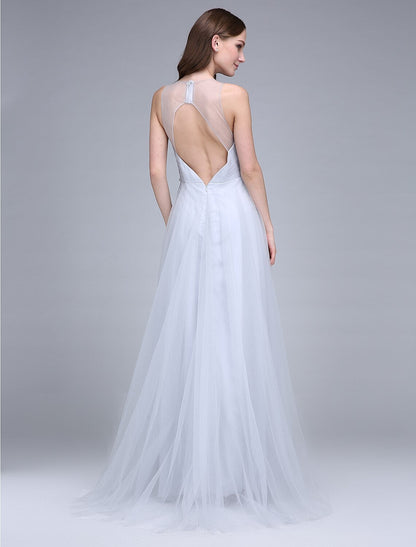 Sheath / Column Bridesmaid Dress V Neck Sleeveless Beautiful Back Sweep / Brush Train Tulle with Crystals