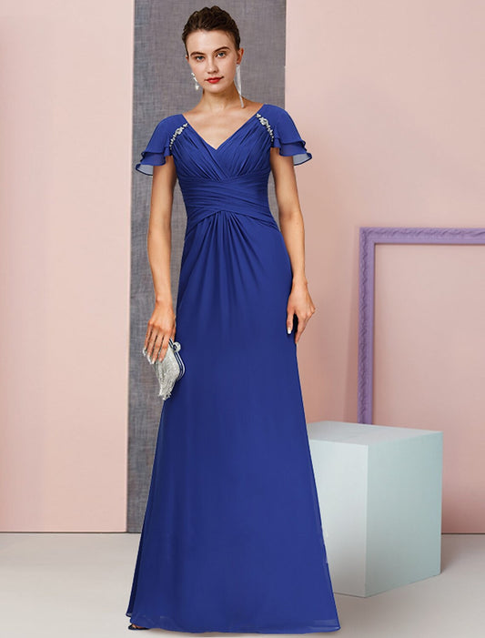 Sheath / Column Mother of the Bride Dress Formal Elegant V Neck Floor Length Chiffon Short Sleeve with Ruched Crystal Brooch Side-Draped