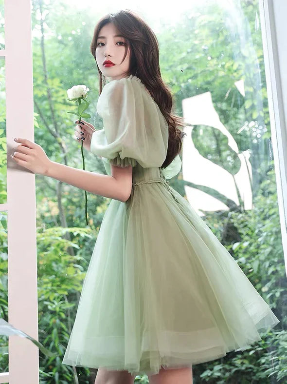 Light Green Tulle Knee Length Off Shoulder Party Dress Prom Dress, Green Homecoming Dress