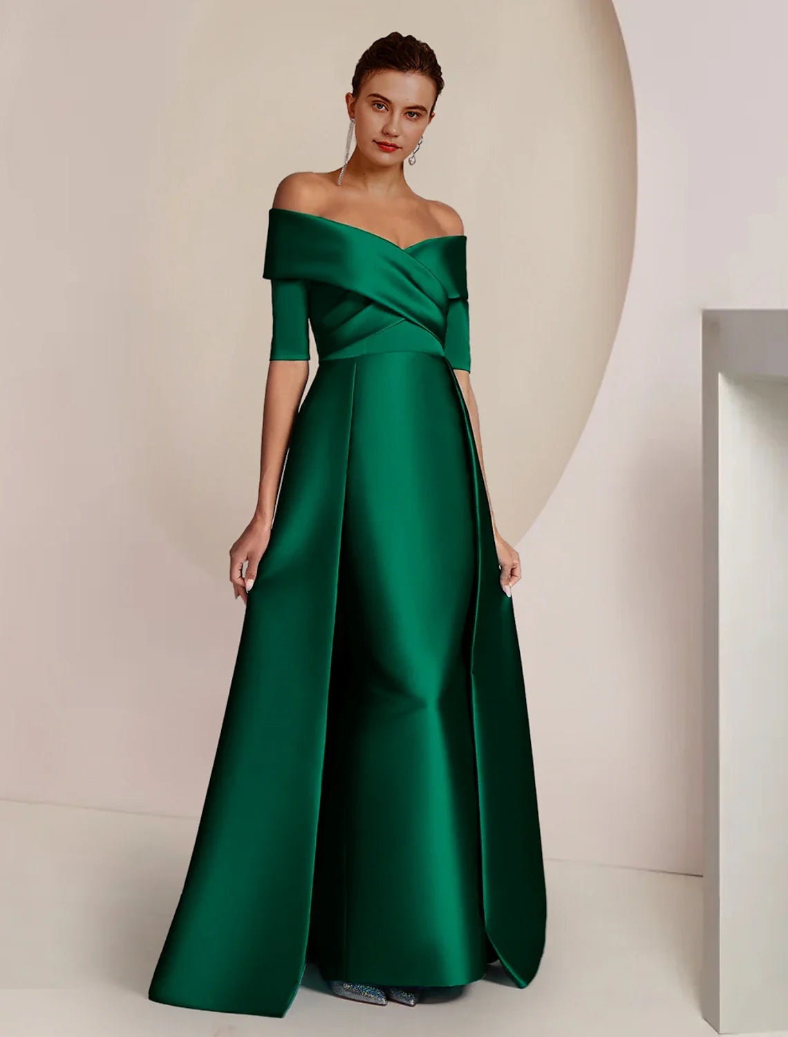 Sheath / Column Mother of the Bride Dress Formal Wedding Guest Party Elegant Off Shoulder Floor Length Satin Half Sleeve with Ruching