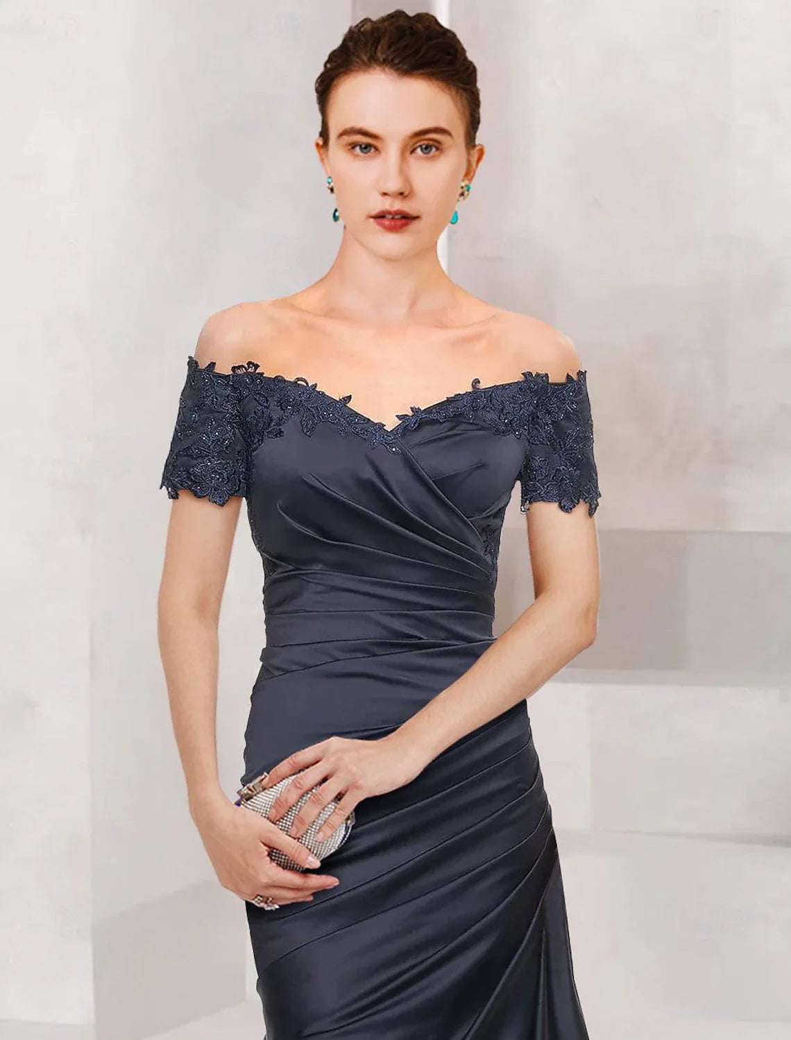 Wedding Guest Elegant Vintage Off Shoulder V Neck Floor Length Satin Short Sleeve with Lace Ruched Mother of the Bride Dress