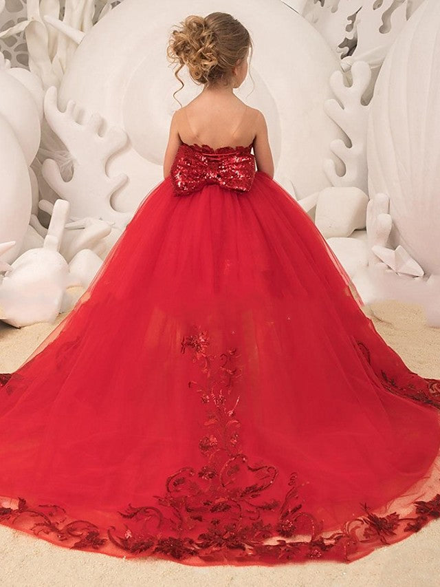 Red Ball Gown Sweep Brush Train Wedding Party Flower Girl Dresses