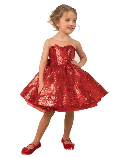 Red Ball Gown Sweep Brush Train Wedding Party Flower Girl Dresses