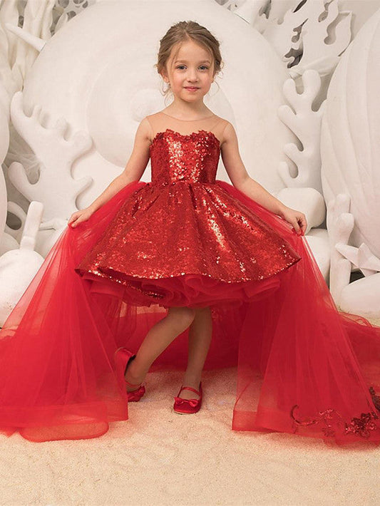 Red Ball Gown Sweep Brush Train Wedding Party Flower Girl Dresses