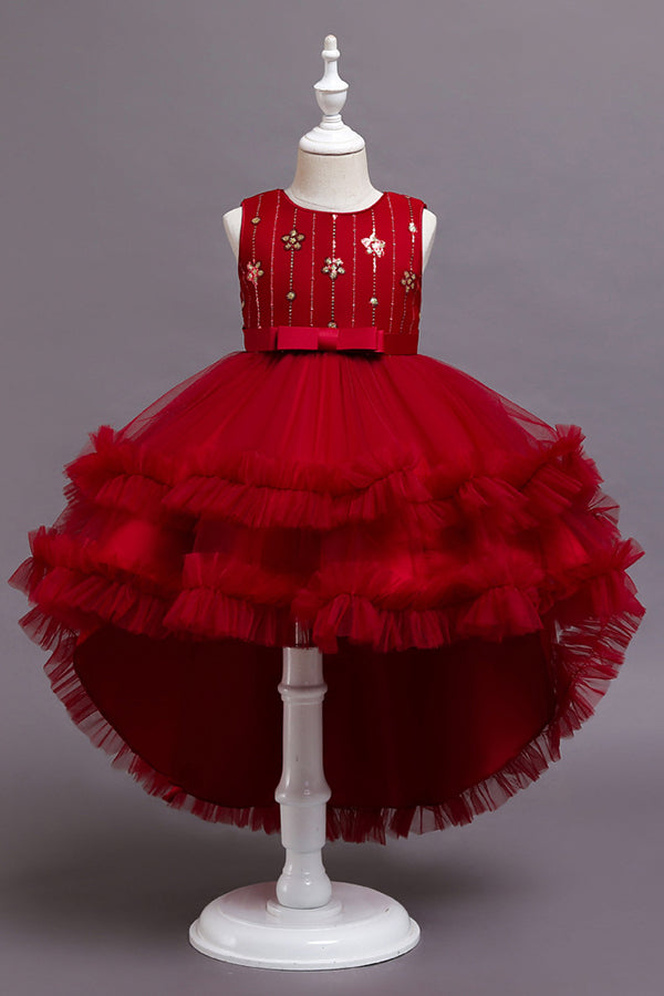 Red High Low Belt Tulle Ruffles Flower Girl Dresses