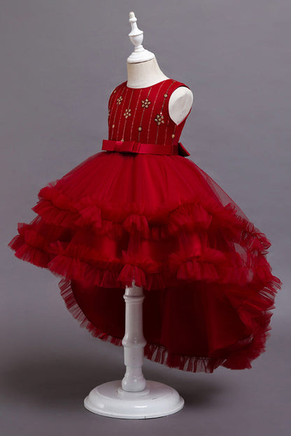 Red High Low Belt Tulle Ruffles Flower Girl Dresses