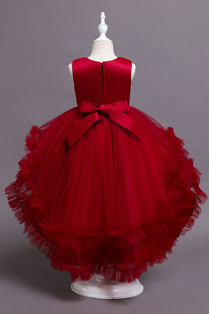 Red High Low Belt Tulle Ruffles Flower Girl Dresses