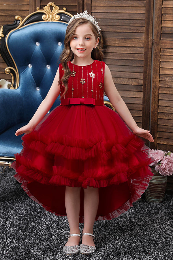 Red High Low Belt Tulle Ruffles Flower Girl Dresses