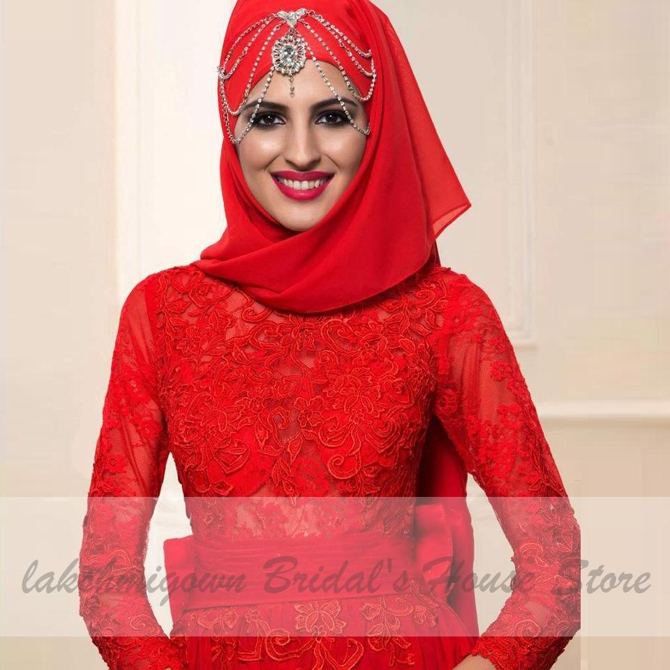 NumberSea Red Hijab Wedding Dress Elegant Long Sleeve O Neck