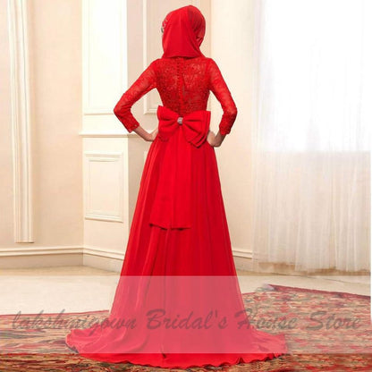 NumberSea Red Hijab Wedding Dress Elegant Long Sleeve O Neck