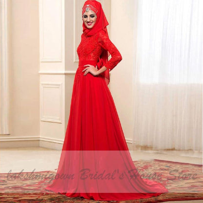 NumberSea Red Hijab Wedding Dress Elegant Long Sleeve O Neck