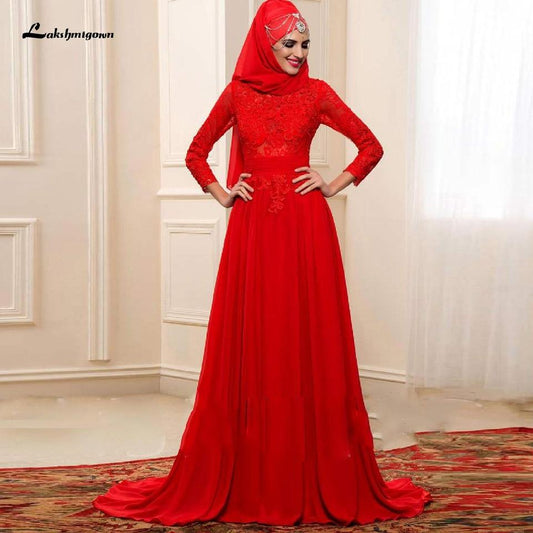 NumberSea Red Hijab Wedding Dress Elegant Long Sleeve O Neck