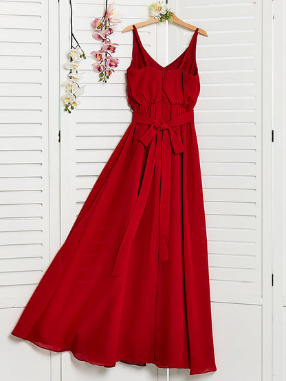 Red Long A-Line Spaghetti Strap Flower Girl Dresses Chiffon Junior Bridesmaid Dress