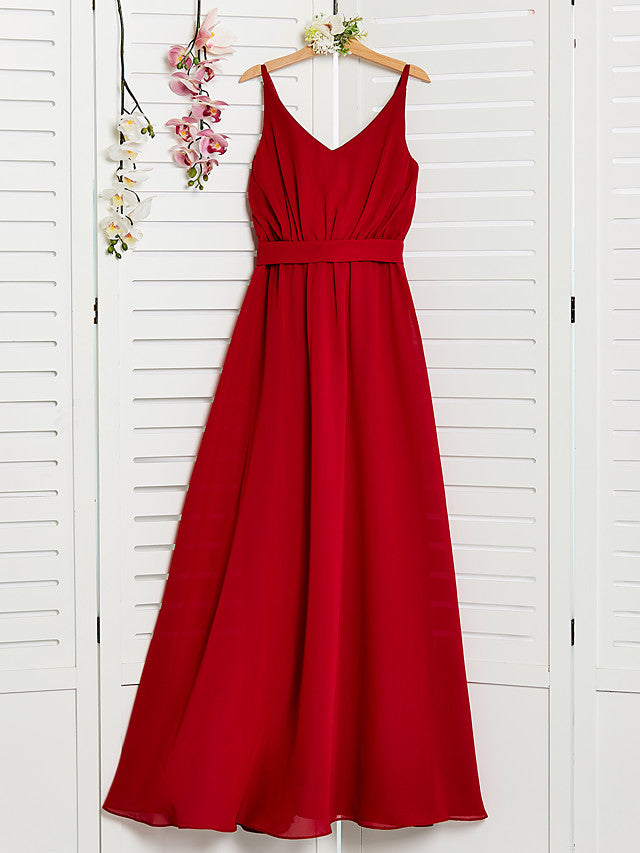 Red Long A-Line Spaghetti Strap Flower Girl Dresses Chiffon Junior Bridesmaid Dress