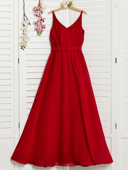 Red Long A-Line Spaghetti Strap Flower Girl Dresses Chiffon Junior Bridesmaid Dress