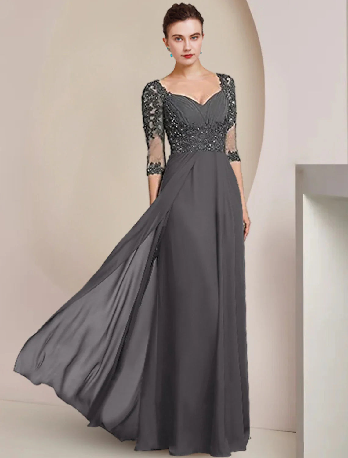 Sheath / Column Mother of the Bride Dress Formal Wedding Guest Elegant Square Neck Floor Length Chiffon Lace 3/4 Length Sleeve with Sequin Appliques Ruching