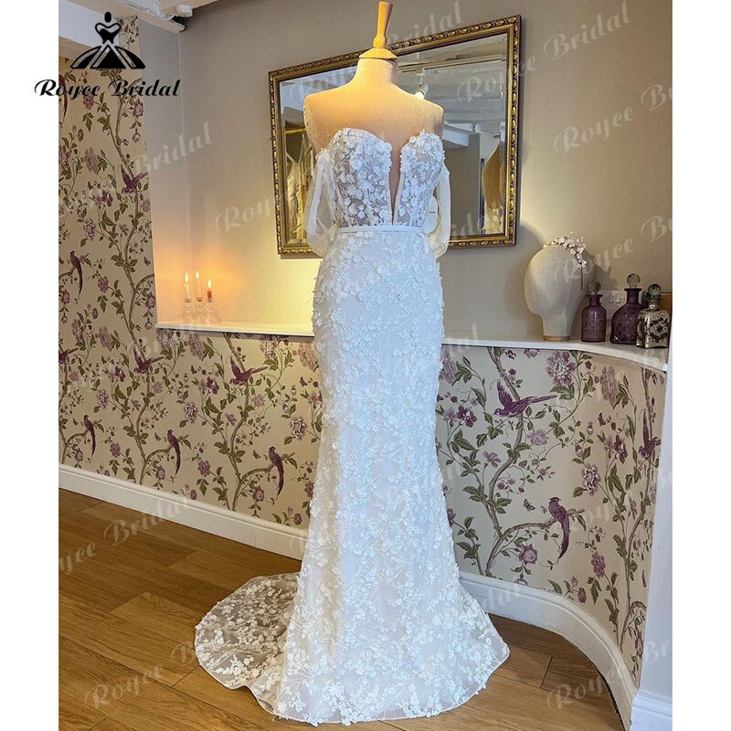 Robe de mariée Meerjungfrau/Trompete Hochzeit Kleid Weg Von der Schulter V-ausschnitt Spitze 3D Blumen Brautkleid vestido de boda corte sirena