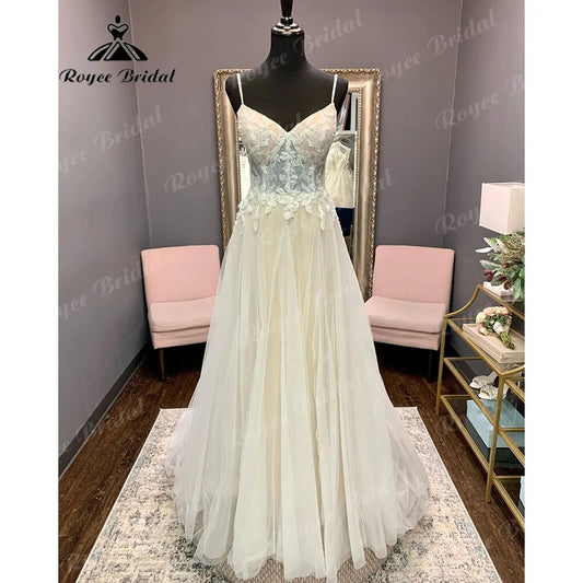 robe longue Lace Wedding Dress with V Neckline 2024 Spaghetti Straps Bridal Gown Backless vestido de novia NumberSea Elegnat