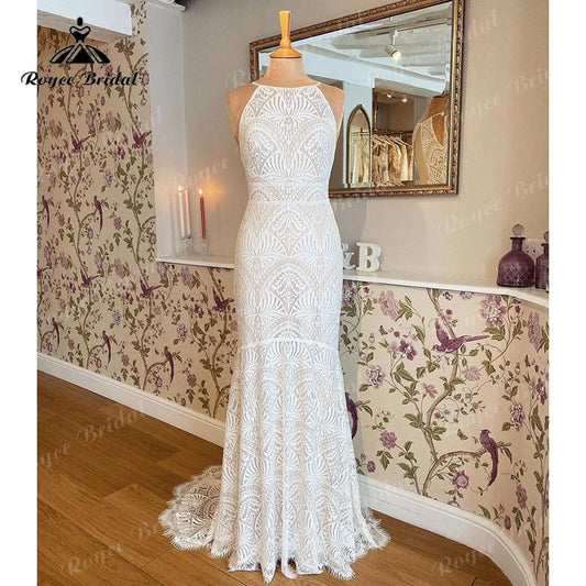 robe mariée sirene Trumpet Halter Wedding Dress Open Back Lace Mermaid Vintage Country Wedding Gown vestido de boda corte sirena