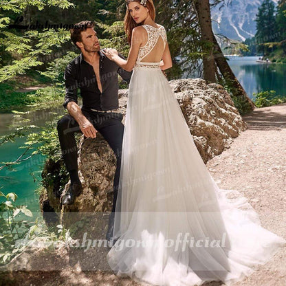 NumberSea Romantisches Boho-Strand-Brautkleid aus Spitze