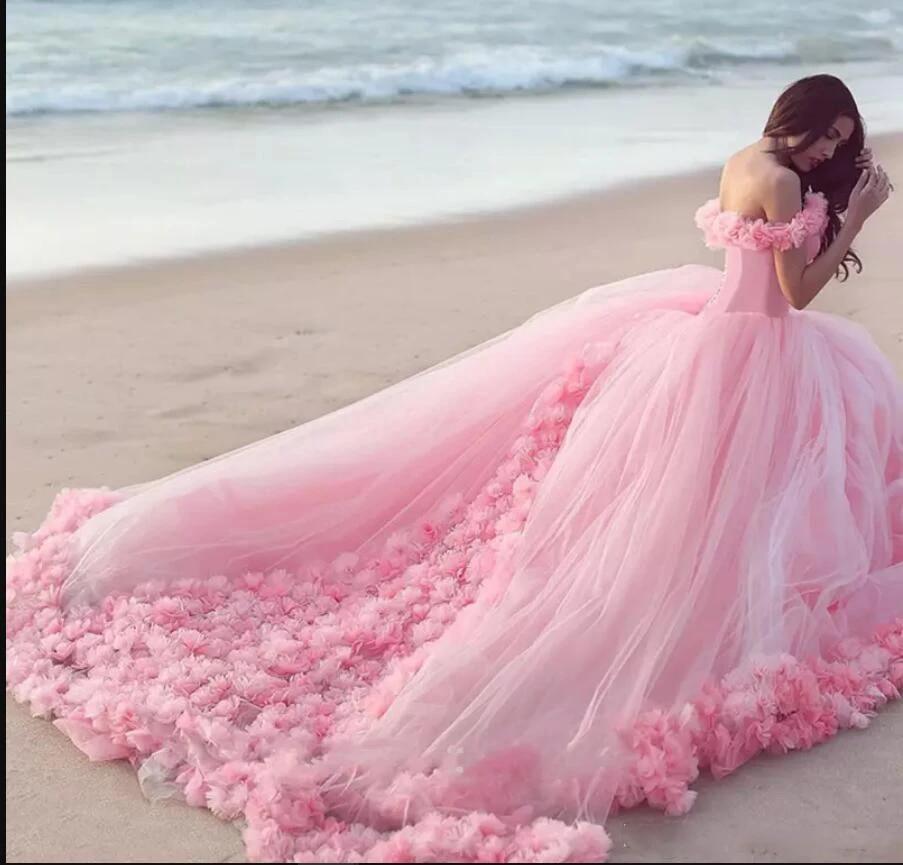 NumberSea Romantic Poofy Pink Floral Wedding Dresses Off the Shoulder