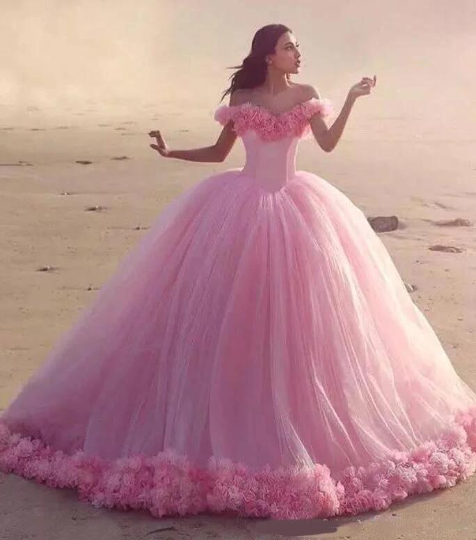 NumberSea Romantic Poofy Pink Floral Wedding Dresses Off the Shoulder