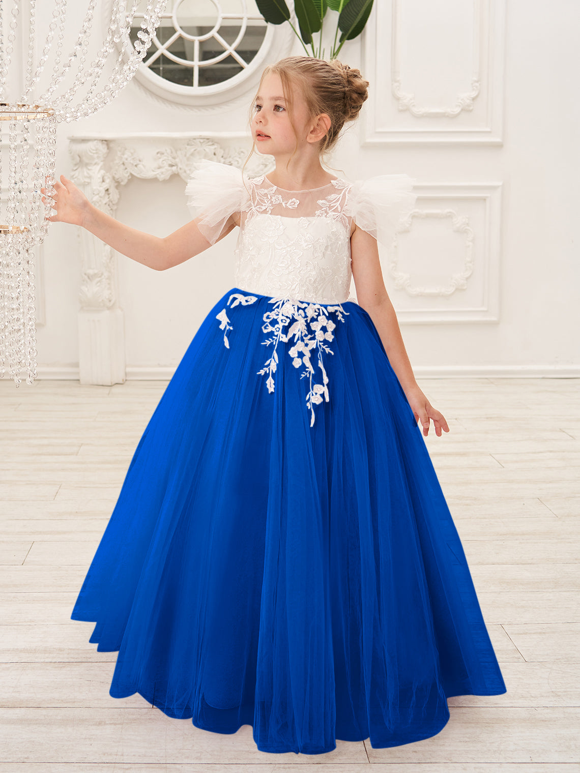 Detachable  Lace Tulle Sweep Train Flower Girl Dress