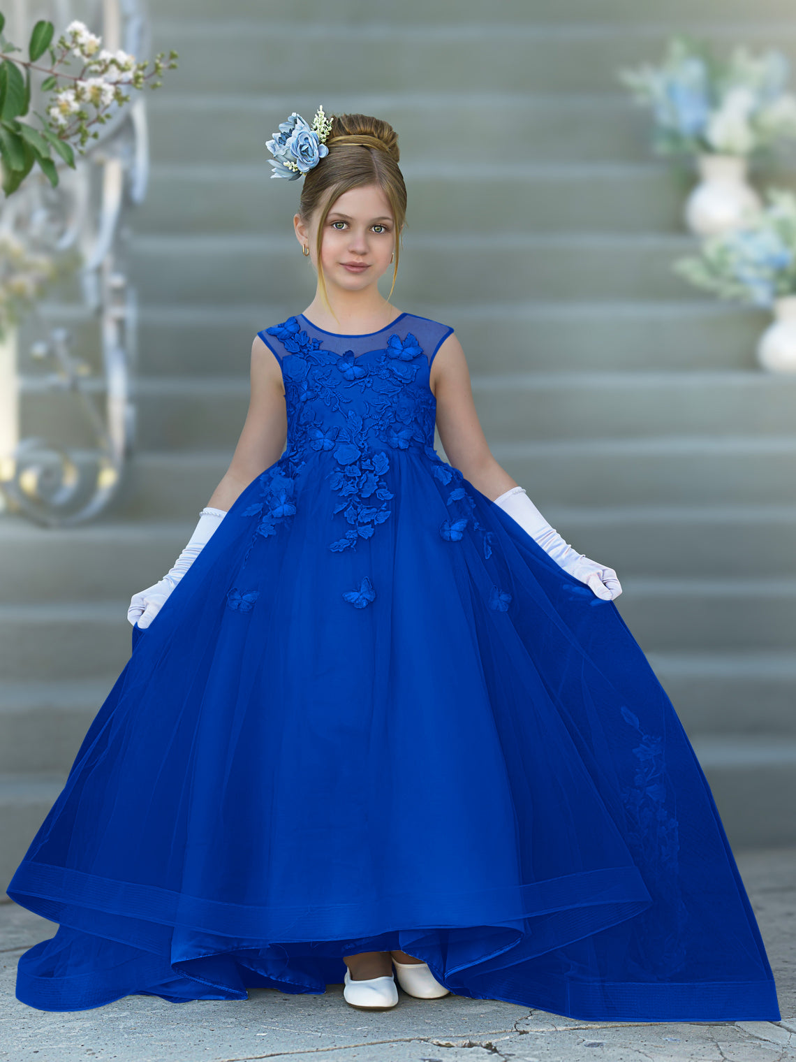 Serenity Princess Ball Gown with Lace Appliques and Butterfly Embellishments