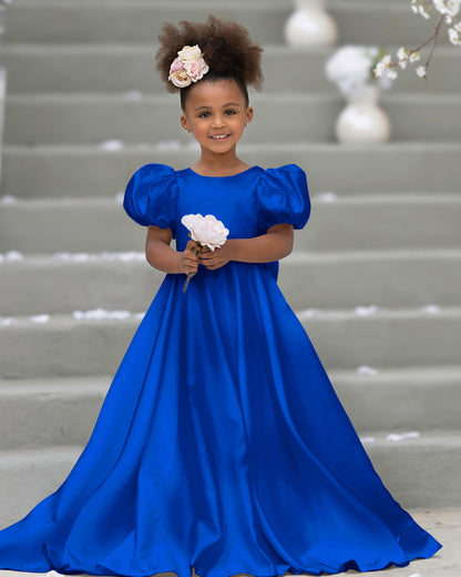 Puff Sleeve Bow Button Back Sweep Train Flower Girl Dress