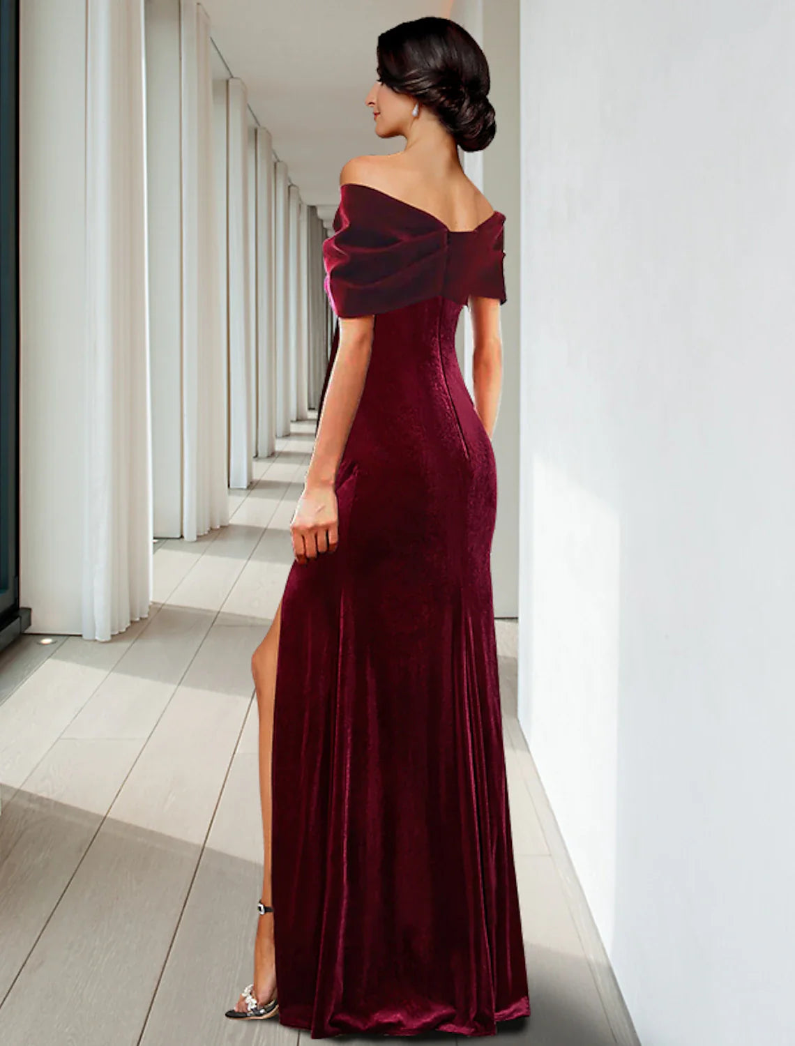 Sheath / Column Evening Gown Elegant Dress Wedding Guest Floor Length Sleeveless V Neck Velvet with Pleats Ruffles