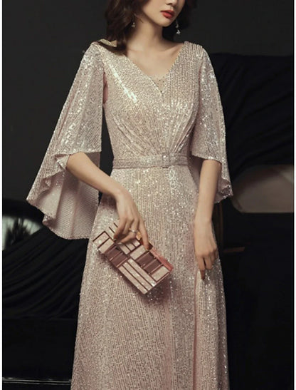 Sheath / Column Mother of the Bride Dress Elegant Sparkle & Shine Petite V Neck Floor Length Sequined Half Sleeve with Pleats Crystal Brooch