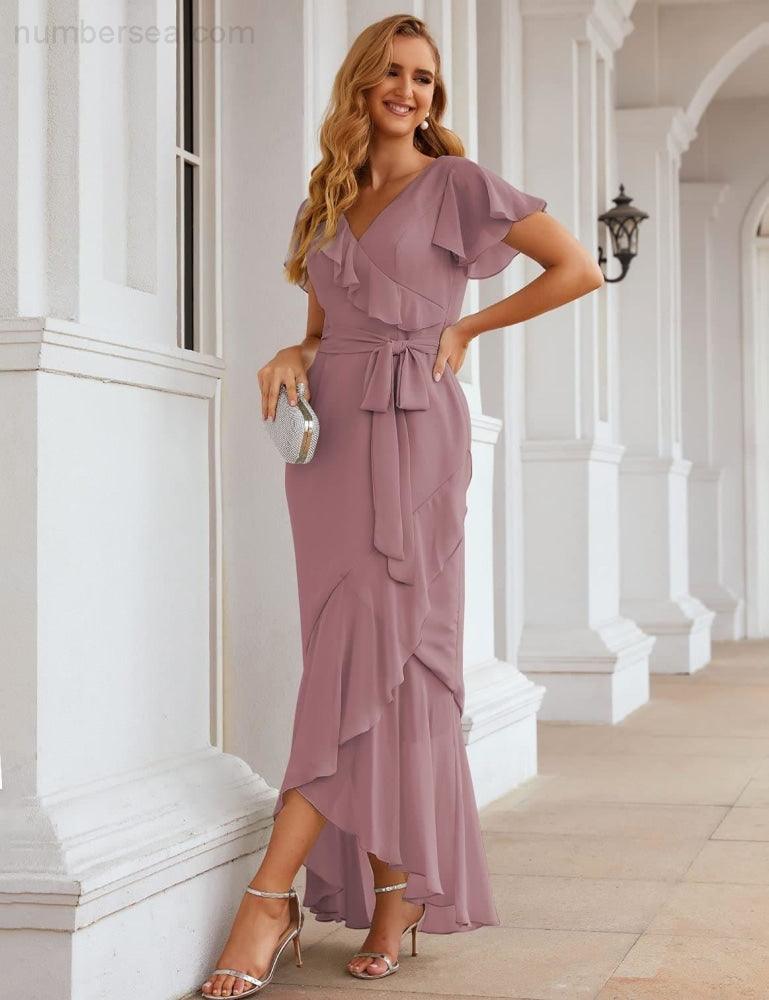 NumberSea - Ruffled Bridesmaid Dresses Maxi Long Women Chiffon Mermaid Formal Violin Evening Party Prom Gowns SEA28042