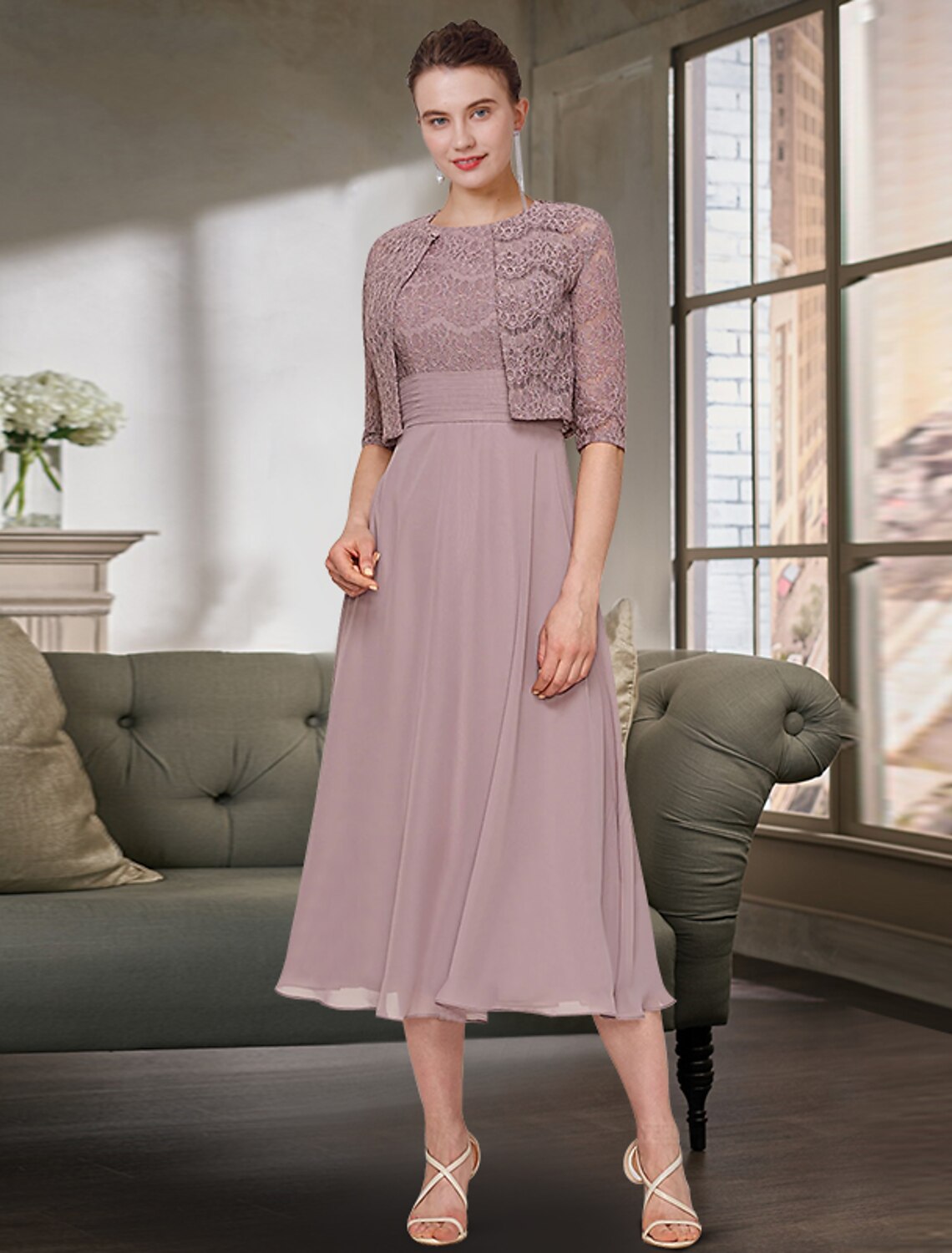 Zweiteiliges Kleid für die Mutter der Braut, Hochzeitsgast, eleganter Rundhalsausschnitt, wadenlang, Chiffon, Spitze, halbe Ärmel, einfarbig