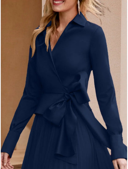 Wedding Guest Elegant V Neck Floor Length Stretch Chiffon Long Sleeve with Bow(s) Solid Color Mother of the Bride Dress&nbsp;